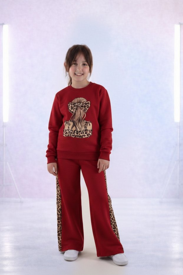 Girls' Cotton Leopard and Ponytail Hair Print Long Sleeve Wide Leg Sweatpants Set