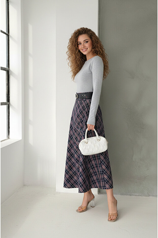 Wide Belt Plaid Flared Long Skirt