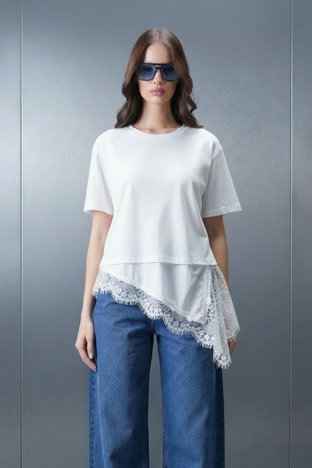 Women's White Asymmetrical Cut Chic Lace-Detail Loose Oversized T-Shirt