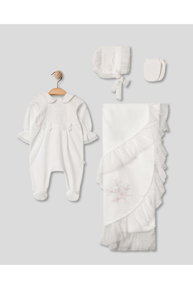 Tulle-Flower Detailed 4-Piece Newborn Baby Girl Hospital Outfit, 100% Certified Cotton