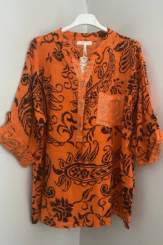 Women's Italian Orange Sequin Detailed Shawl Collar and Pocketed Shawl Leaf Pattern 3/4 Sleeve 100% Cotton Blouse