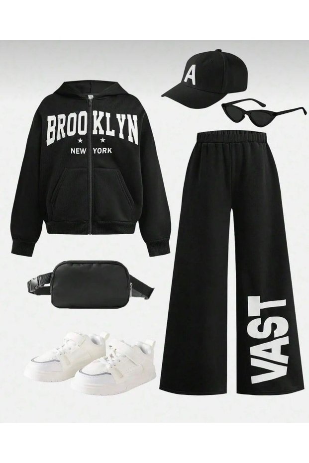 Girls' Hooded Top Brooklyn Printed Cardigan Bottom Wast Printed Bolpaça Tracksuit Set