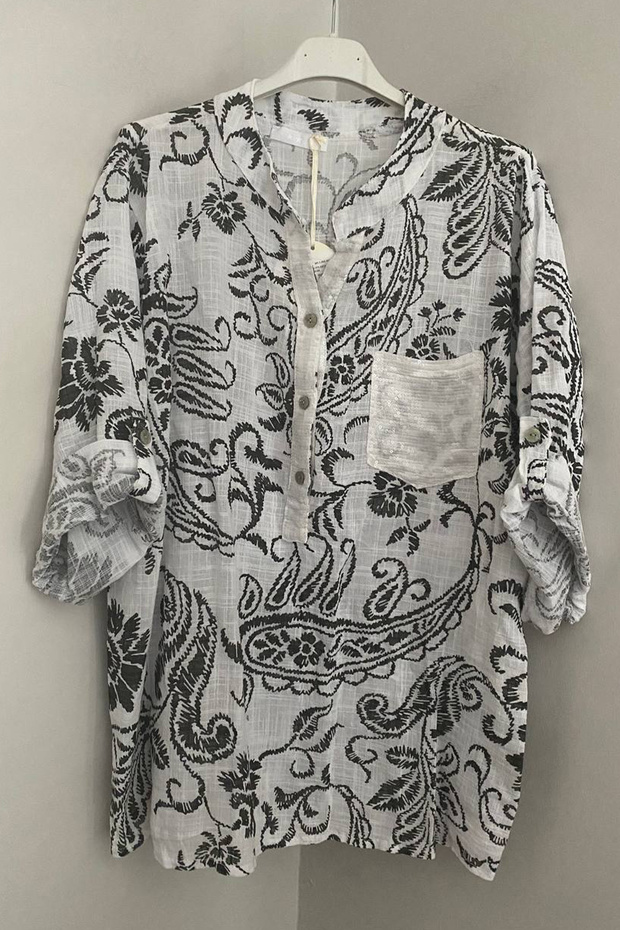 Women's Italian White Sequin Detailed Shawl Collar and Pocketed Shawl Leaf Pattern 3/4 Sleeve 100% Cotton Blouse