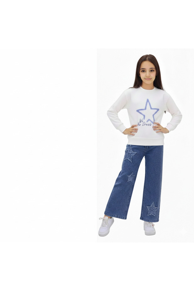 Girl's Wide Leg Patterned Elastic 100% Cotton Denim Trousers Palazzo