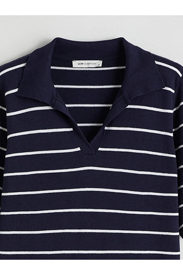 Navy Blue Polo Neck Striped Women's Knitwear Sweater
