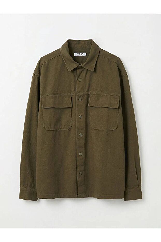 Khaki Loose Fit Men's Gabardine Shirt Jacket