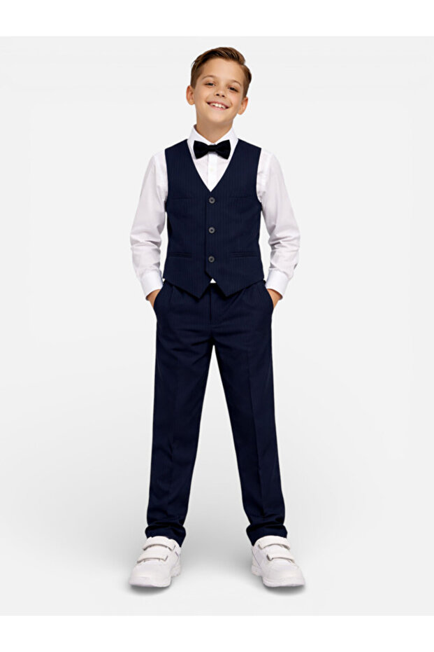 Boys 4 Pc Set Navy Waistcoat, Shirt, Trousers & Bow Tie Set (3 Years–8 Years)