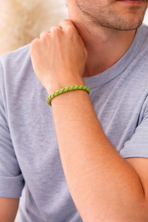 Neon Lime Braided Leather Men's Bracelet – with Steel Lock-1366