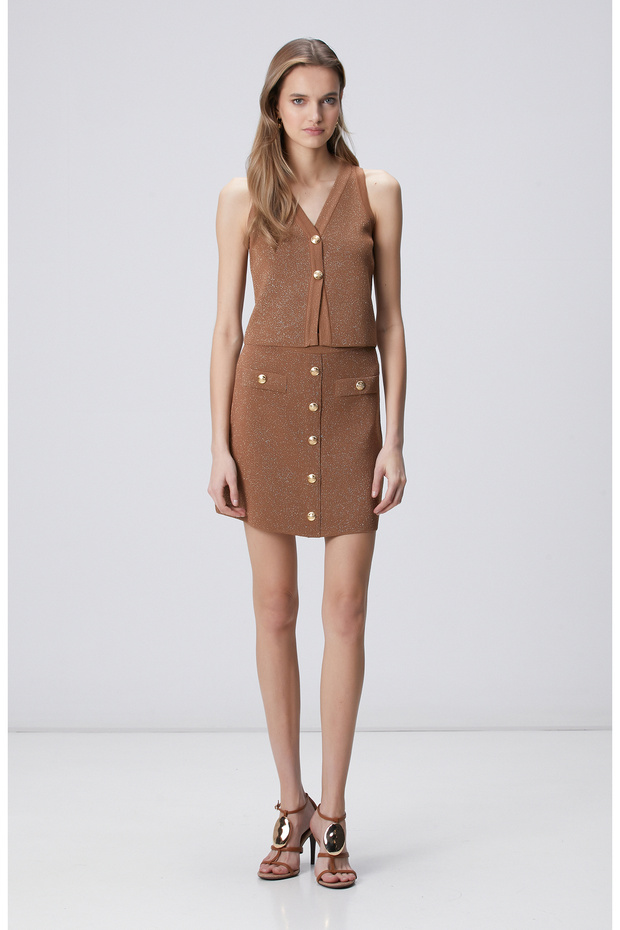 Tarçın Sim Dokulu Mini Triko Etek - 1