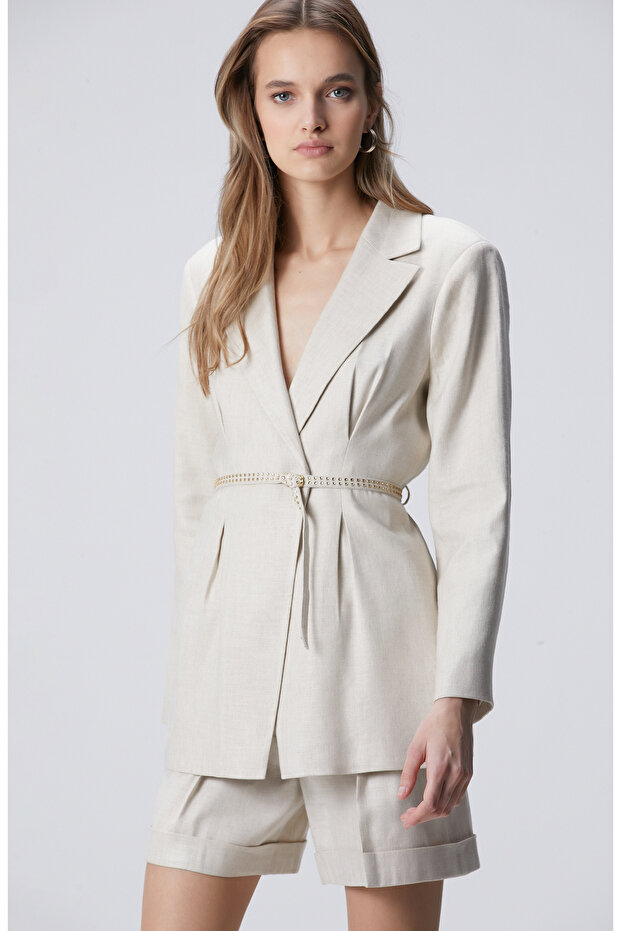 Bej Melanj Keten Mix Ceket - 4