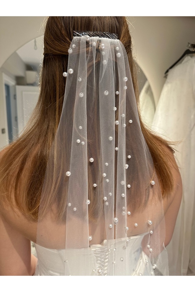 حجاب مزين باللؤلؤ بطول 95 سم - 1