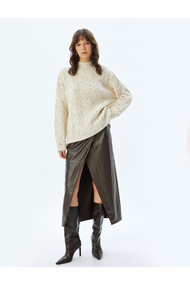 Long Faux Leather Skirt with Asymmetrical Front Slit Detail and Belt