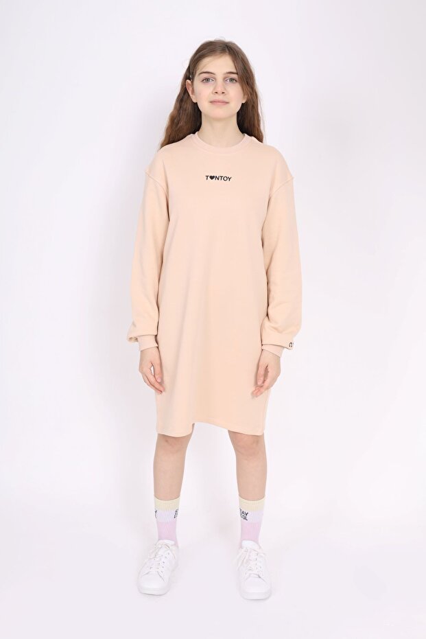 Girl's Printed Oversize Crew Neck Long Sleeve Dress -