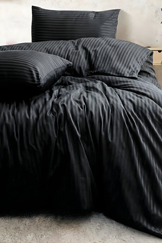 Double Cotton - Satin 210 Tc (83 Thread) Striped Duvet Cover Set Black