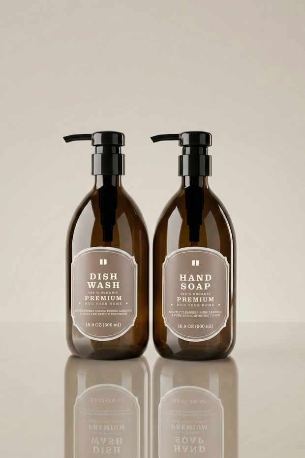 Set of 2 Amber Glass Soap Dispensers 500ml - Dishwashing Liquid Dispenser and Liquid Soap Dispenser