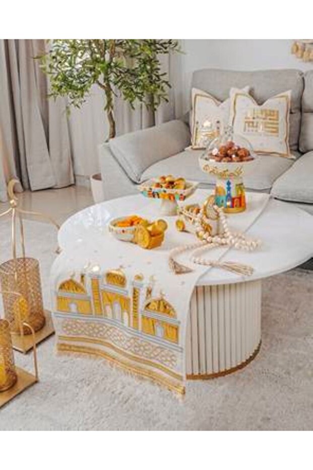 Table runner, high-quality fabric and Leather , Ramadan pattern, size 145*45 cm