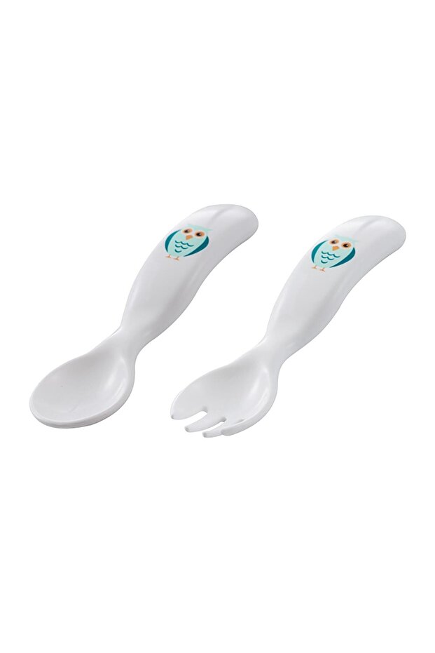 Ergonomic Feeding Spoon and Fork Set White & Owl, 6 Months+ Double