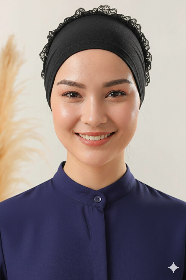 Hijab Combed Cotton Bun Ruffle Bonnet Black