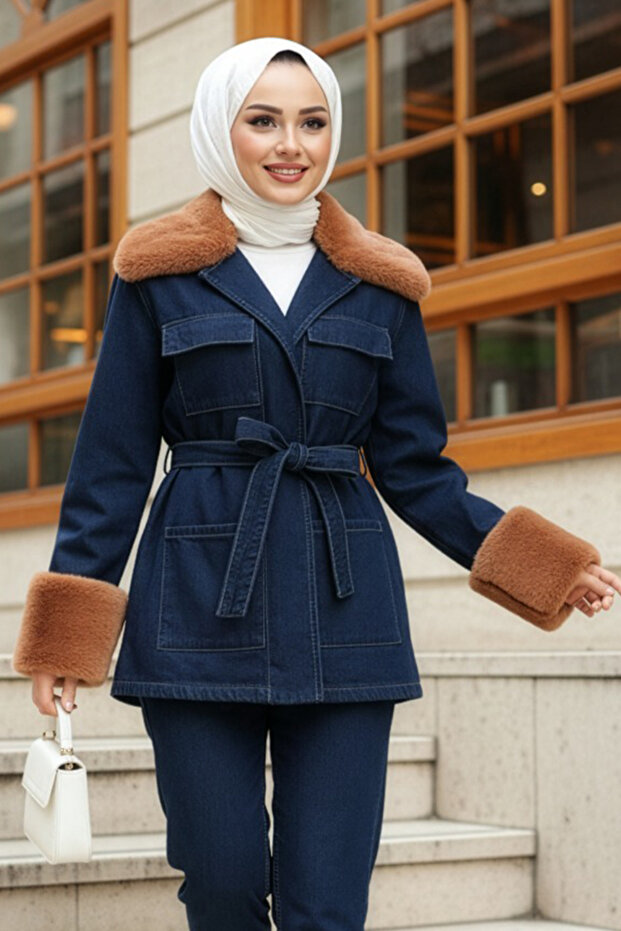 Fur Detailed Navy Blue Hijab Denim Jacket 80341L