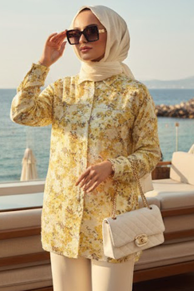 تونيك إسلامي أصفر منقوش بالزهور 26611SR