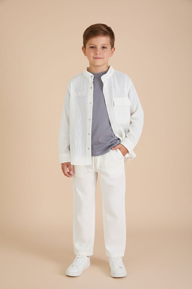 Ecru Linen Shirt and Trousers Boys' 3-Piece Top and Bottom Set 23575