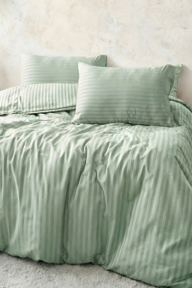 Double Cotton - Satin 210 Tc (83 Thread) Striped Duvet Cover Set Green