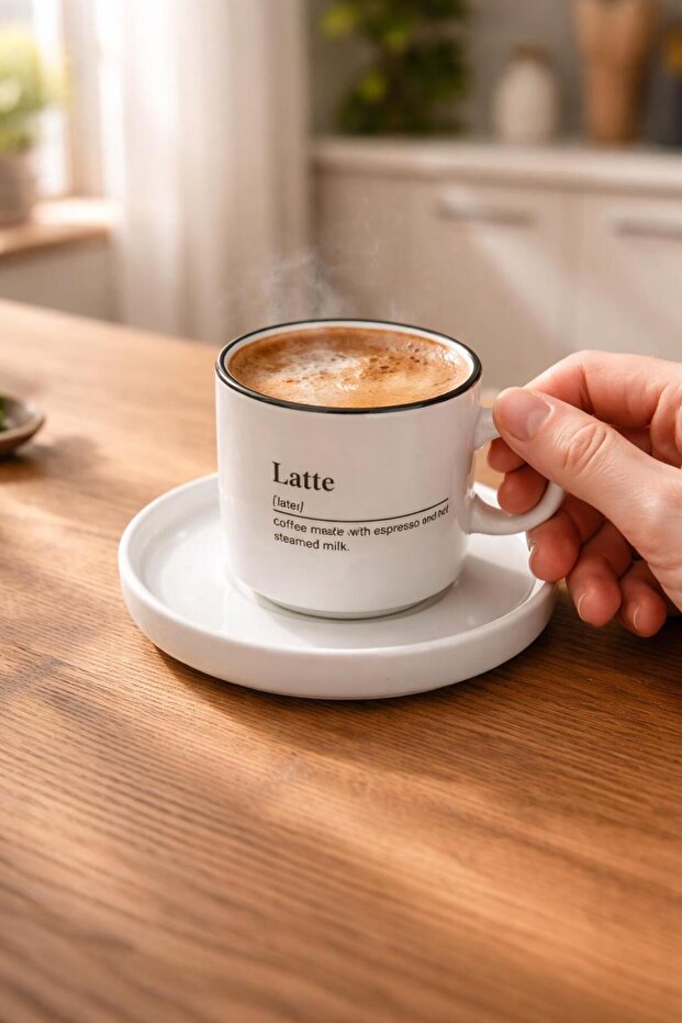 Latte Written Coffee Cup and Saucer – Modern Design Coffee Cup with Black Rim Detail