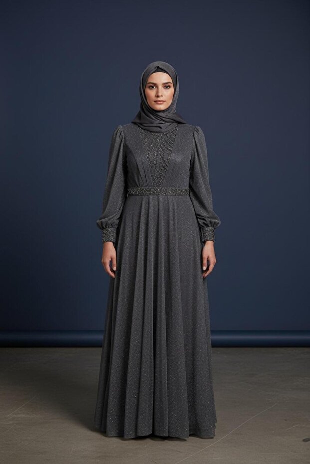 Front Pleated, Front Belt, Cuff-Stoned, Glittery Dress