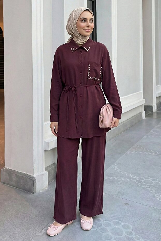 Pearl-Embellished Burgundy Modal Set