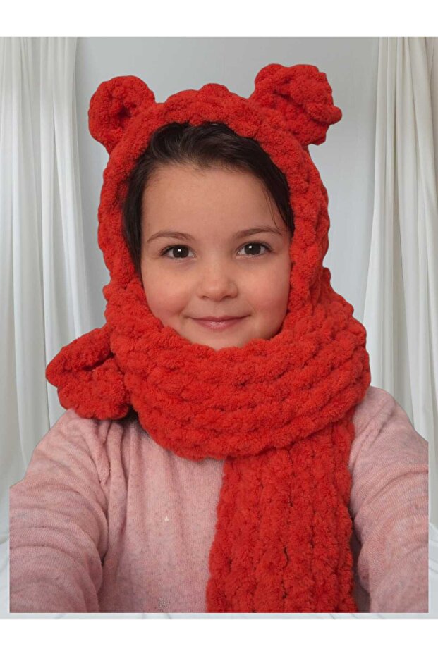 Puffy Red Eared Hand Knitted United Scarf Beanie Balaclava