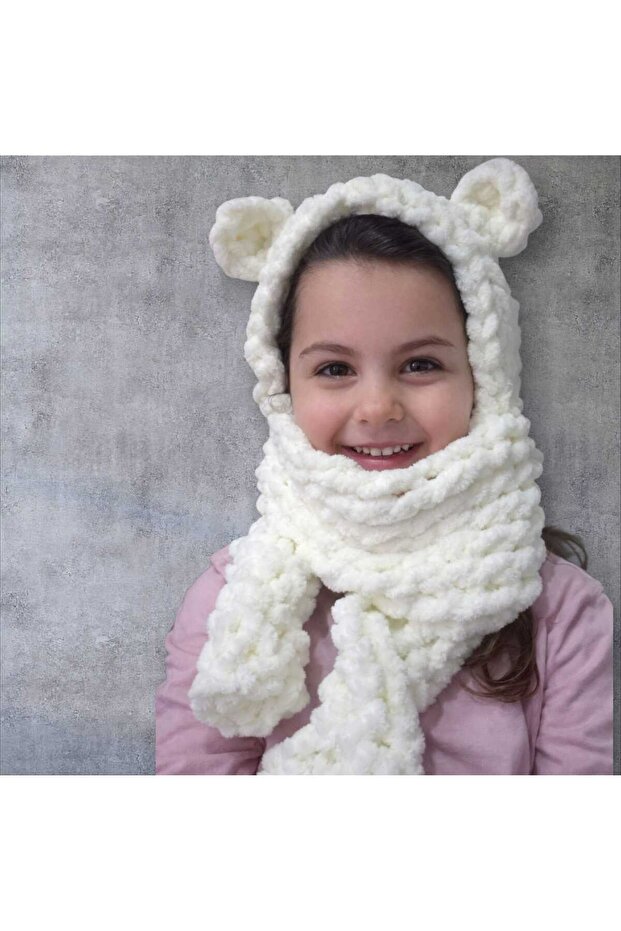 Puffy Cream Hand Knitted Combined Scarf Beanie Balaclava (1-7 Years Old)