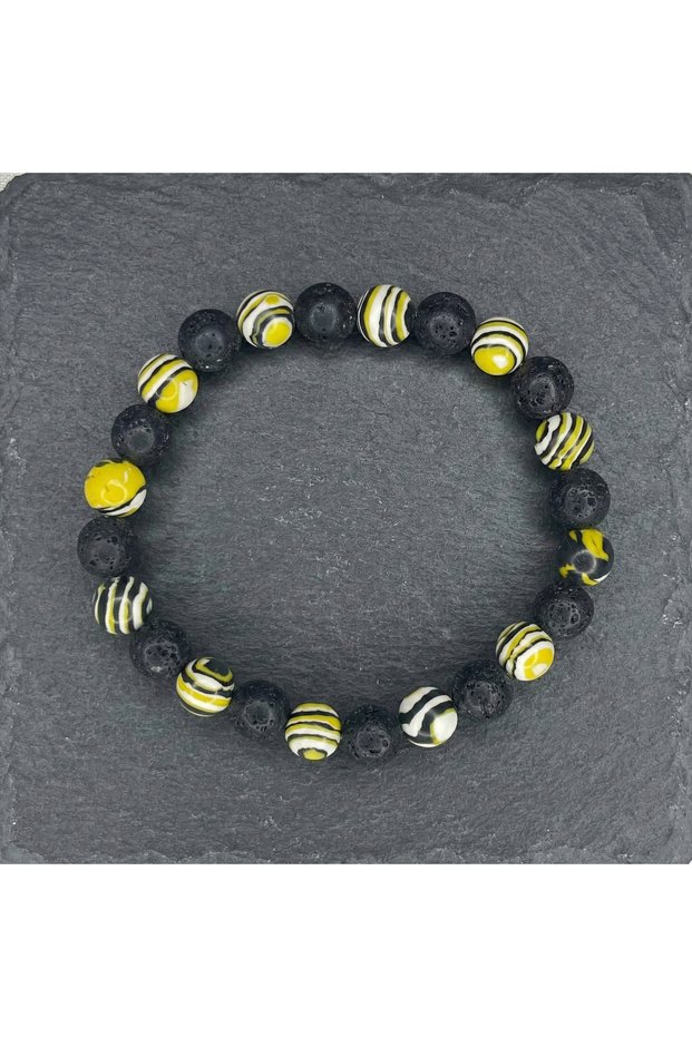 100% Natural Lava Stone and Yellow Malachite Bracelet | | Aura and Balance Natural Stone Bracelet (8mm)