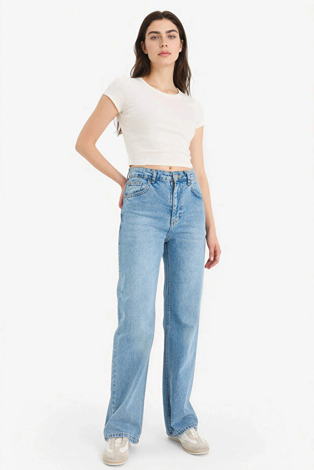 E4269Axnm39 Blue 90's Wide Leg High Waist Long Jeans Washed Trousers