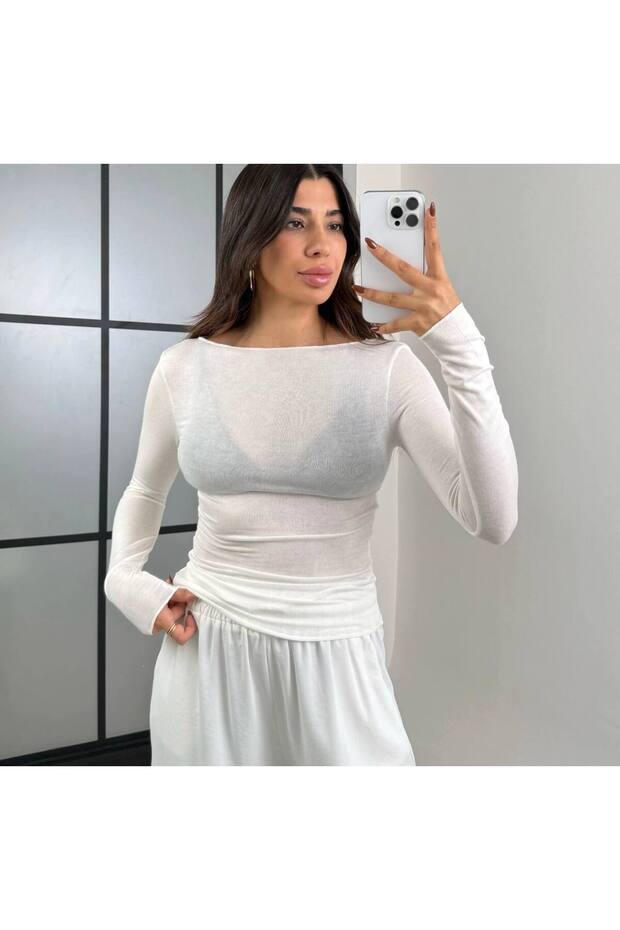 Women's White Boat Neck Long Sleeve Transparent Cashmere Fabric Blouse Rbb6000