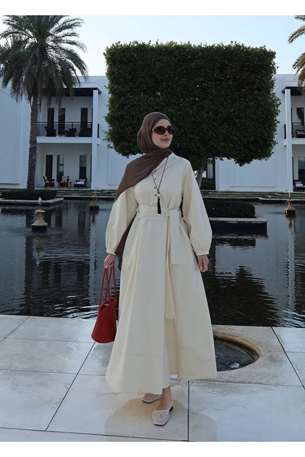 2349 DÜĞMELİ ELBİSE Vanilya - 7