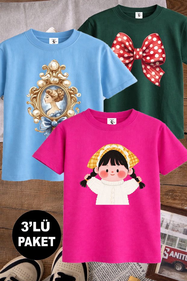 Ribbon and Cute Girl Printed 3-Pack Blue-Pink-Green Girls' T-Shirt