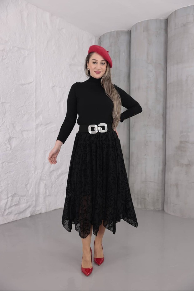 Embossed Printed Asymmetric Long Skirt