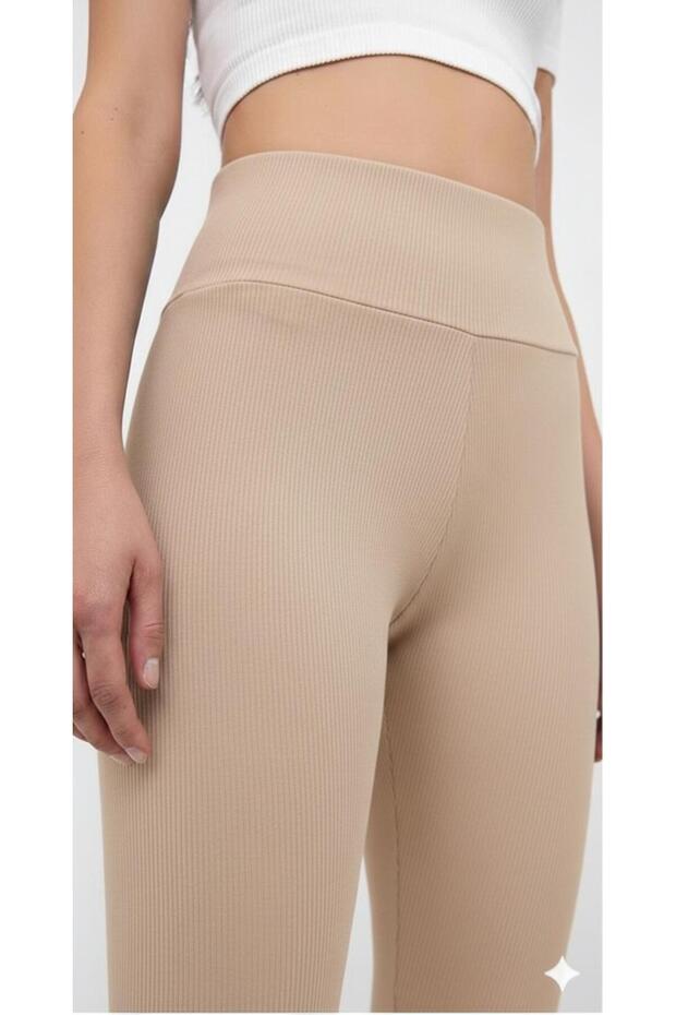 Ribbed, Fleece-Lined, Winter High-Waist Shaping Leggings in Beige Color.