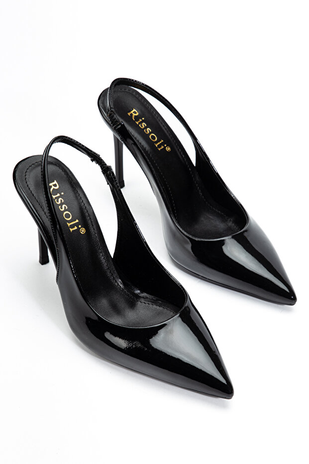 Women's Black Patent Leather Pointed Toe Open Back Ankle Elastic Casual Classic Heeled Shoes