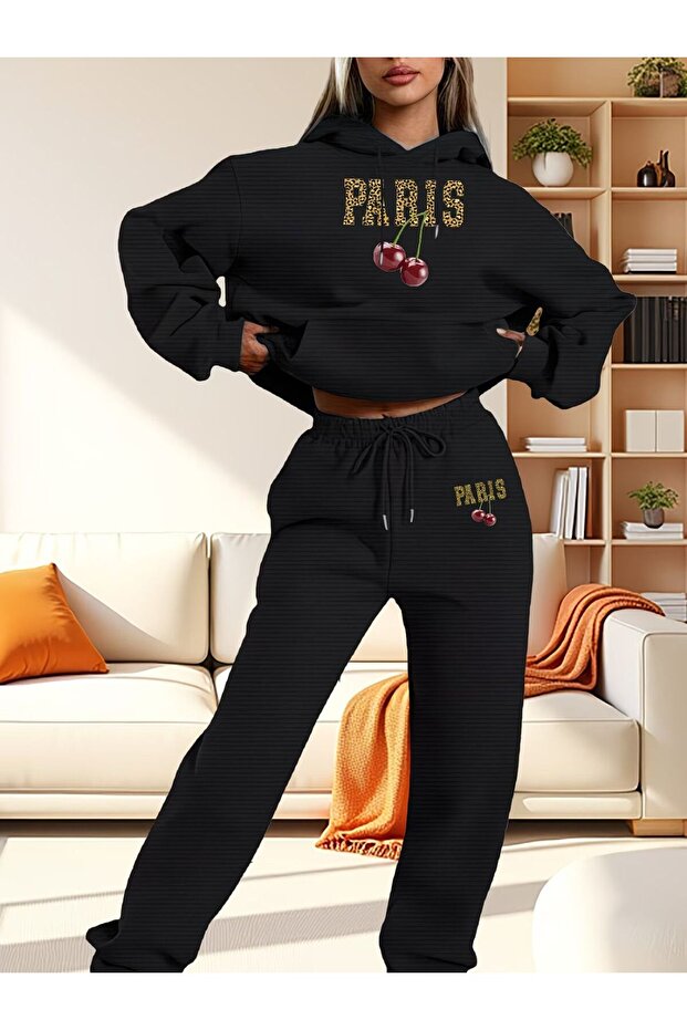 Women Pari̇s Leopard Cherry (Cherry) Printed Track Suit with Hoodie