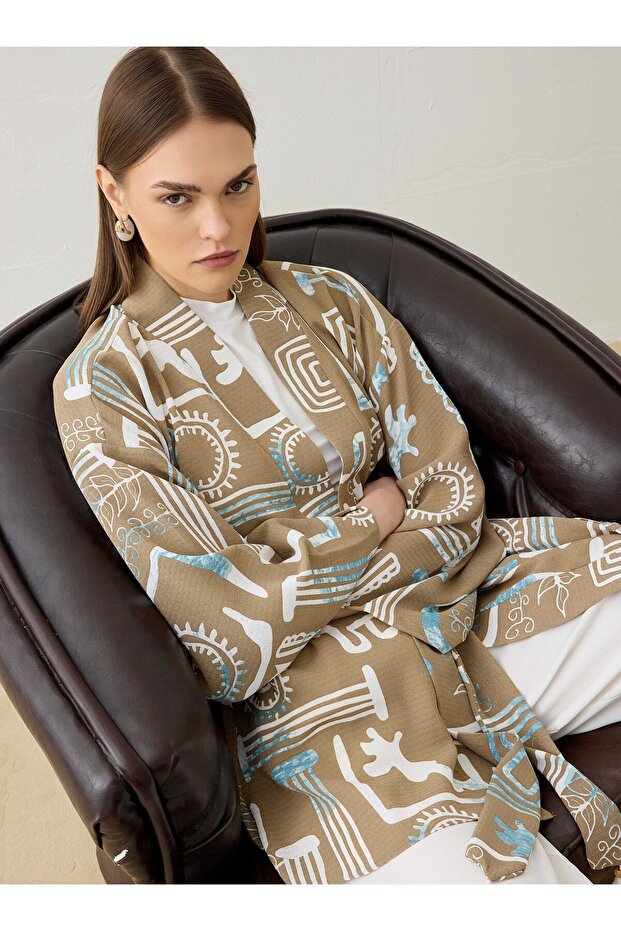 Linen Fabric Belted Kimono - Mink Geometric Pattern - - 1