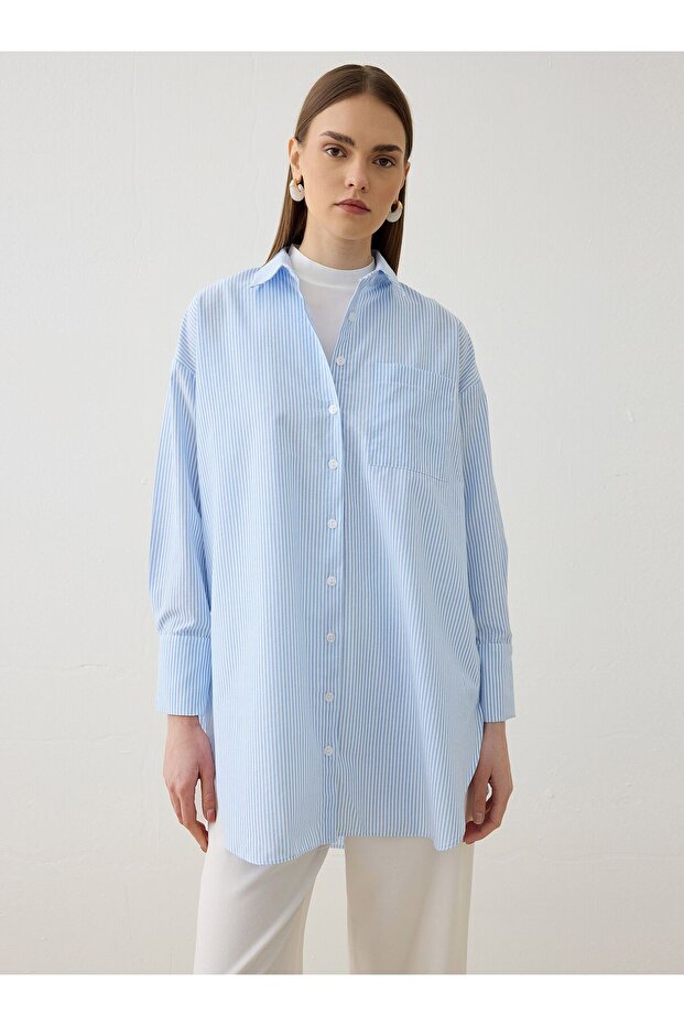 Geniş Manşet Detaylı Basic Tunik - Mavi Çizgili - - 2