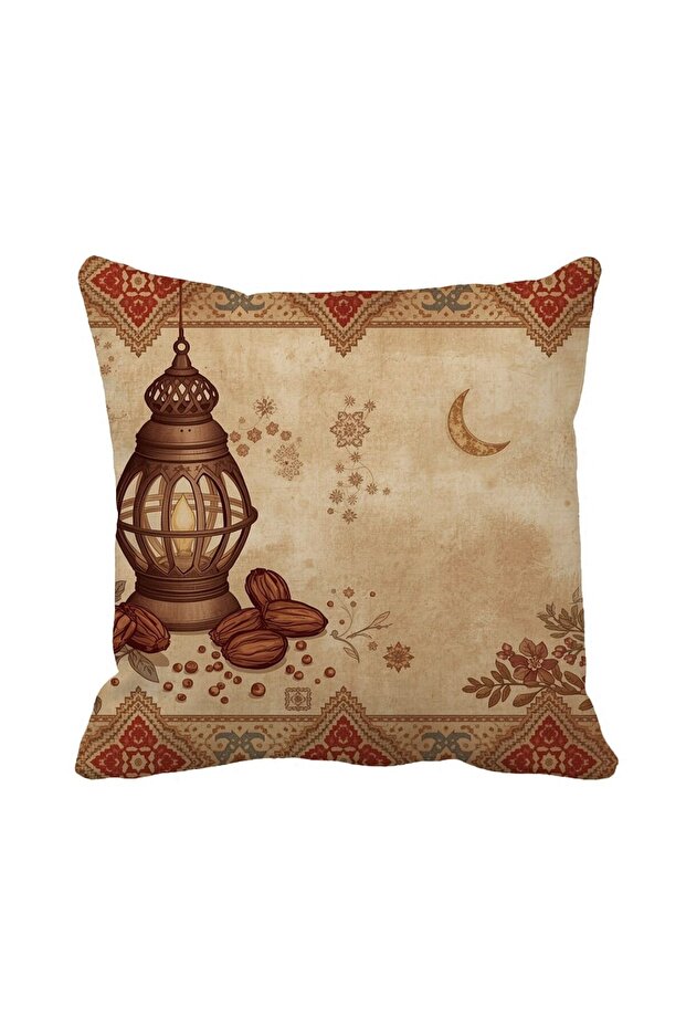 ديكور رمضان أصيل، غطاء وسادة بيج عتيق الطراز بنمط فانوس وهلال وتمر، مقاس 43x43 سم