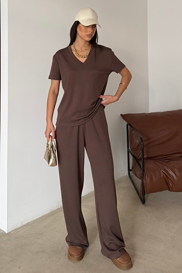 Womenbrown V-Neck Short Sleeve Soft Touch Modal Sports Set