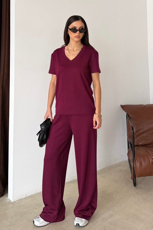 Women's Burgundy V-Neck Short Sleeve Soft Touch Modal Sports Set