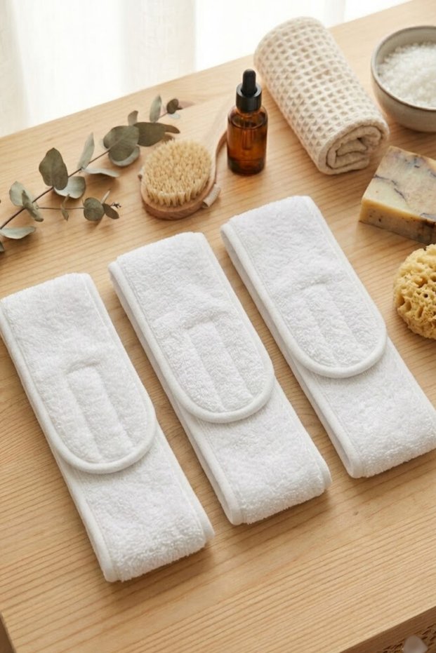 Set of 3 Adjustable Velcro Towel Headbands - 100% Cotton Makeup, Grooming, and Spa Headbands