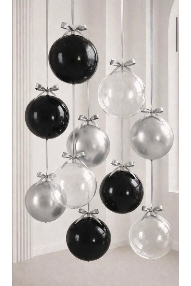 Black Silver Transparent Jumbo Balloon Set 18 Inch and Ribbon 11 Piece Set