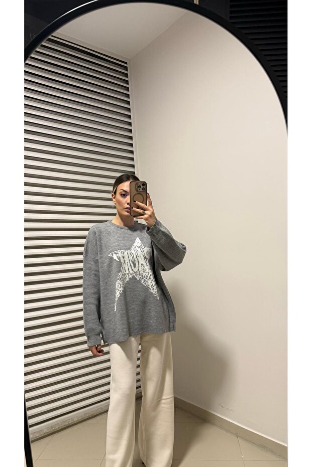 Gray Star Detail Sweater
