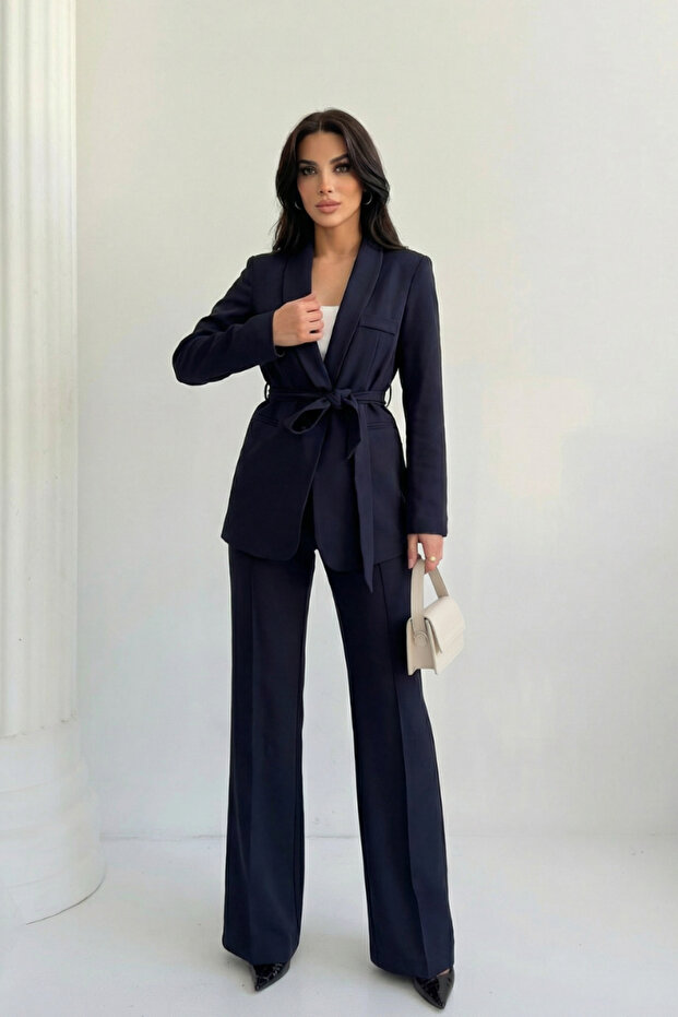Women's Jacket Pants Set Belted Buttoned Blazer Jacket Wide Leg High Waist Pants Suit