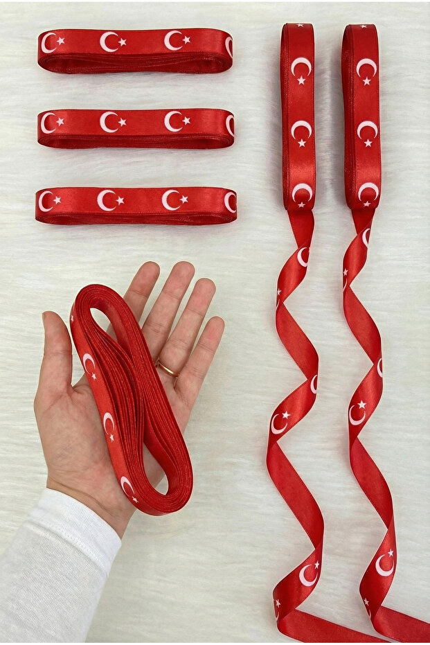 Red Satin Moon Star Printed Ribbon 2 cm 10 Mt, Gift Decoration, Holiday, Soldier Ceremony, Circumcision, Wedding